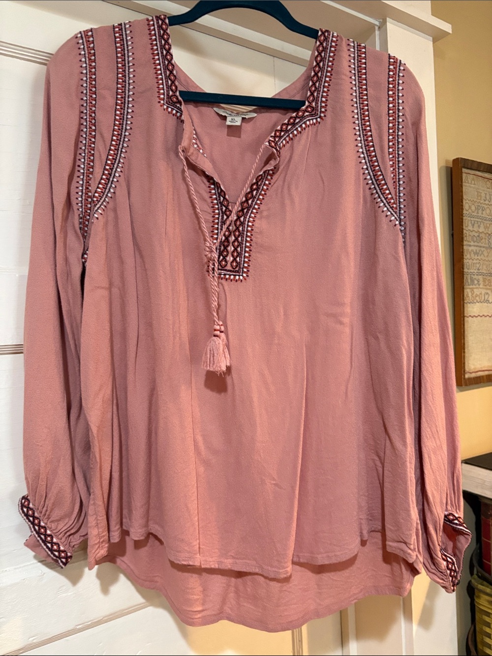 Lucky Brand Embroidered Tassel V-Neck Peasant Top - Dusty Rose